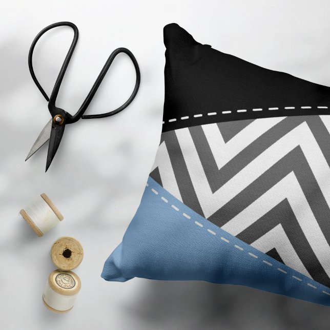 Grey Zigzag, Grey Chevron, Zigzag Pattern, Blue Decorative Cushion (Creator Uploaded)