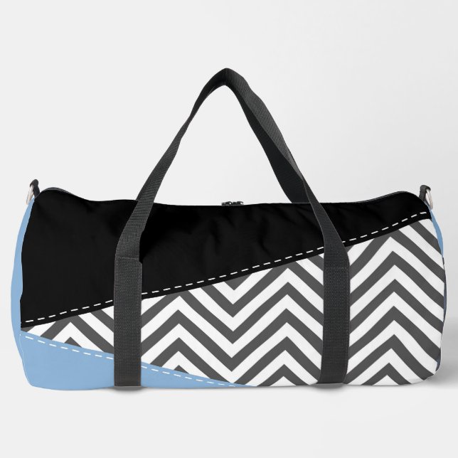 Grey Zigzag, Grey Chevron, Zigzag Pattern, Blue Duffle Bag (Front)