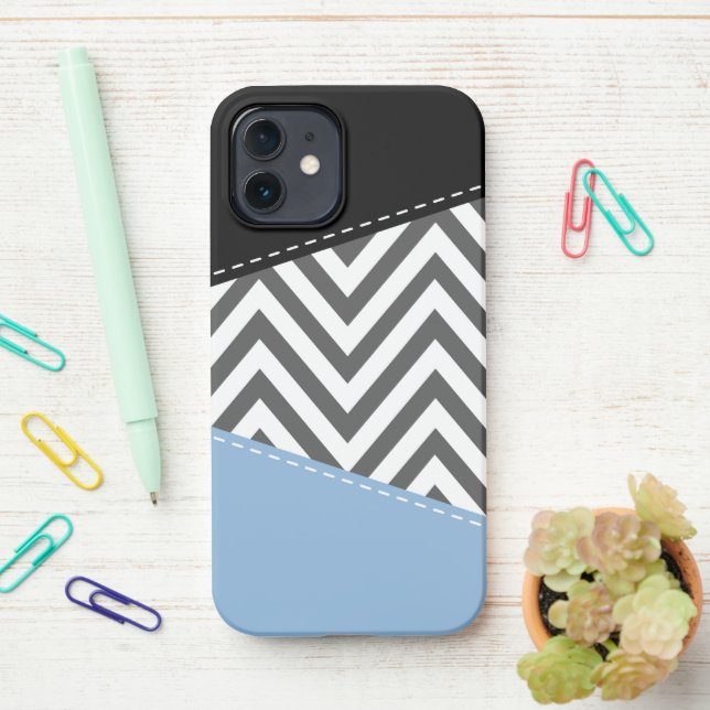 Grey Zigzag, Grey Chevron, Zigzag Pattern, Blue iPhone Case (On Desk)