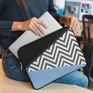 Grey Zigzag, Grey Chevron, Zigzag Pattern, Blue Laptop Sleeve