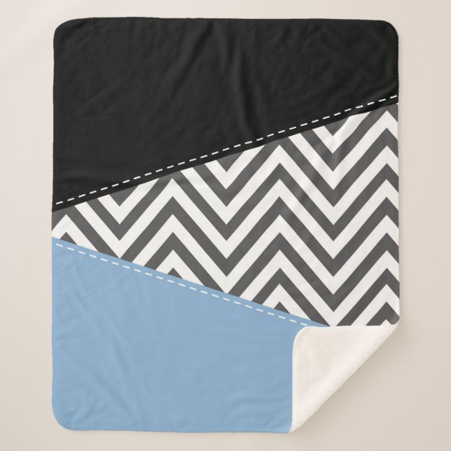 Grey Zigzag, Grey Chevron, Zigzag Pattern, Blue Sherpa Blanket (Front)
