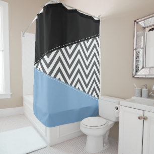 Grey Zigzag, Grey Chevron, Zigzag Pattern, Blue Shower Curtain