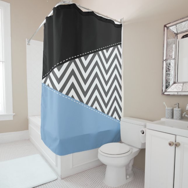 Grey Zigzag, Grey Chevron, Zigzag Pattern, Blue Shower Curtain (In Situ)