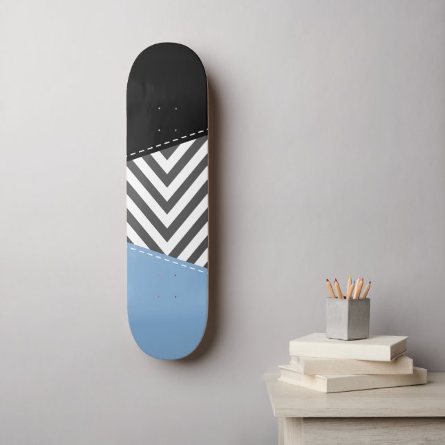 Grey Zigzag, Grey Chevron, Zigzag Pattern, Blue Skateboard (Wall Art)