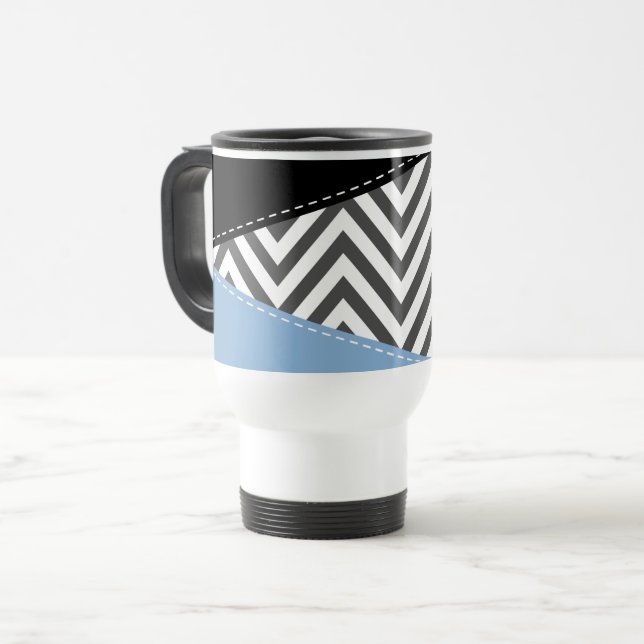 Grey Zigzag, Grey Chevron, Zigzag Pattern, Blue Travel Mug (Front Left)