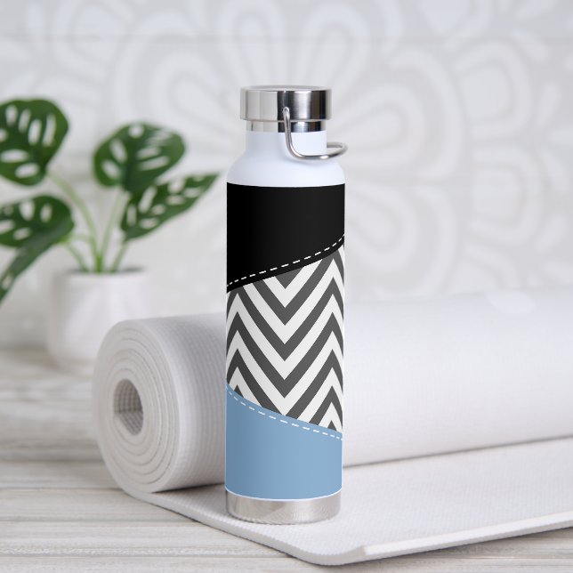 Grey Zigzag, Grey Chevron, Zigzag Pattern, Blue Water Bottle (Yoga)