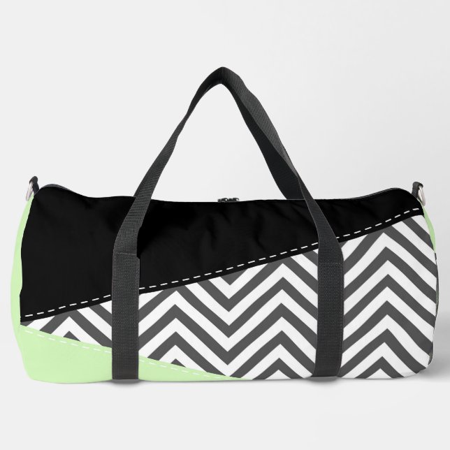 Grey Zigzag, Grey Chevron, Zigzag Pattern, Mint Duffle Bag (Front)