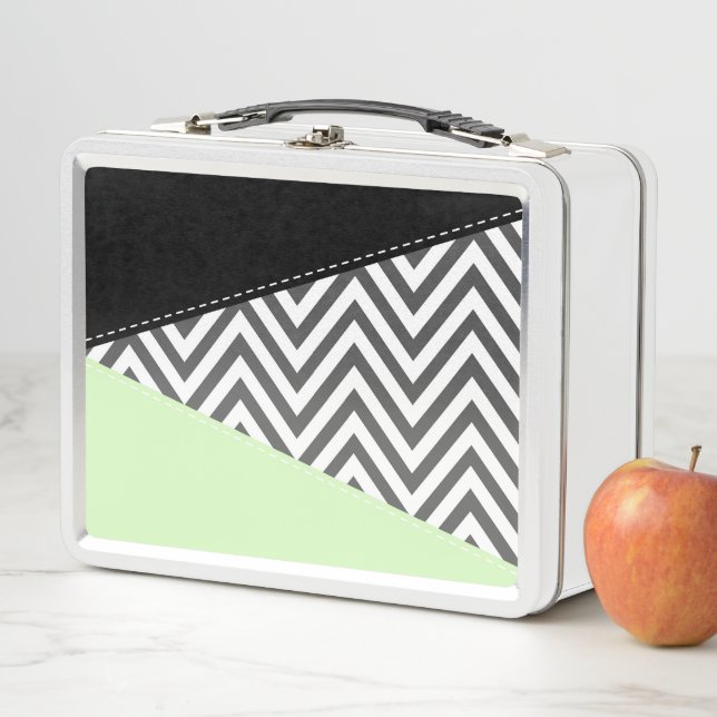 Grey Zigzag, Grey Chevron, Zigzag Pattern, Mint Metal Lunch Box (In Situ)