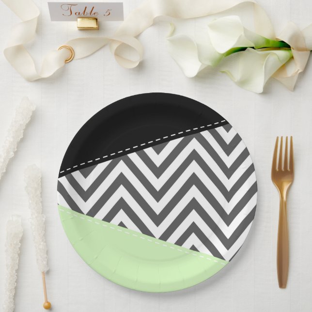 Grey Zigzag, Grey Chevron, Zigzag Pattern, Mint Paper Plate (Wedding)