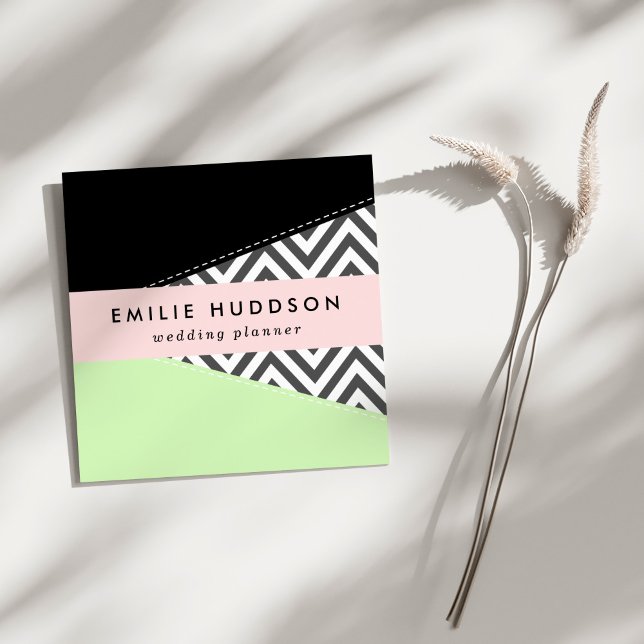 Grey Zigzag, Grey Chevron, Zigzag Pattern, Mint Square Business Card (Creator Uploaded)