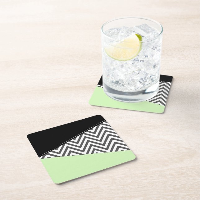 Grey Zigzag, Grey Chevron, Zigzag Pattern, Mint Square Paper Coaster (Insitu)