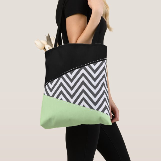 Grey Zigzag, Grey Chevron, Zigzag Pattern, Mint Tote Bag (Close Up)