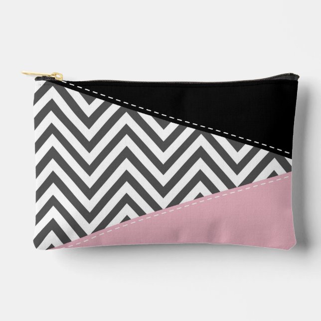 Grey Zigzag, Grey Chevron, Zigzag Pattern, Pink Accessory Pouch (Front)