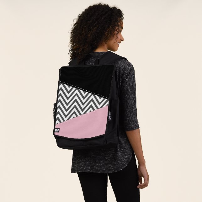 Grey Zigzag, Grey Chevron, Zigzag Pattern, Pink Backpack (Worn)
