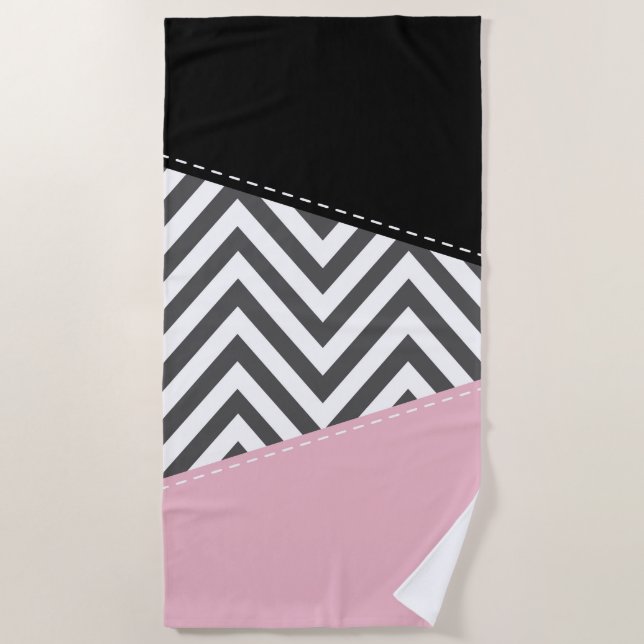 Grey Zigzag, Grey Chevron, Zigzag Pattern, Pink Beach Towel (Front)