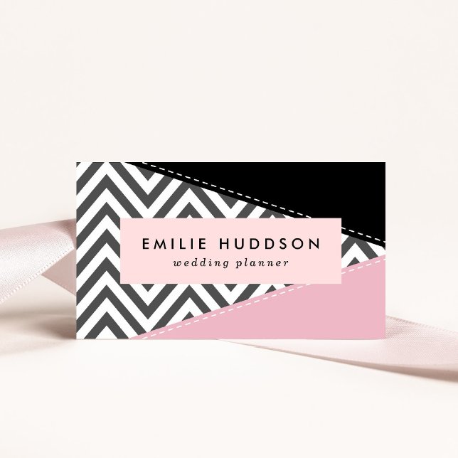 Grey Zigzag, Grey Chevron, Zigzag Pattern, Pink Business Card (Creator Uploaded)
