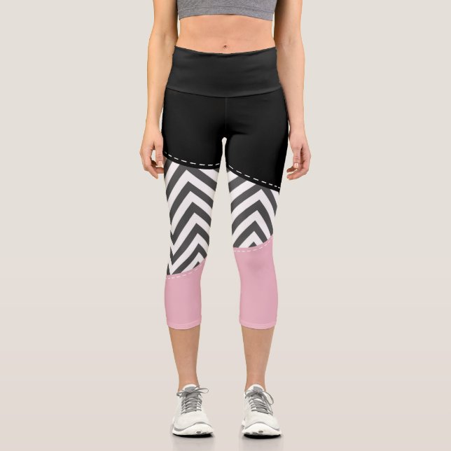 Grey Zigzag, Grey Chevron, Zigzag Pattern, Pink Capri Leggings (Front)