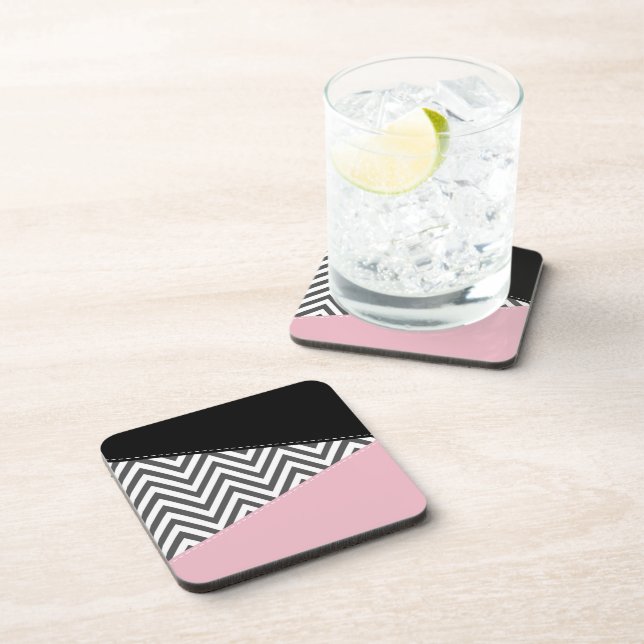 Grey Zigzag, Grey Chevron, Zigzag Pattern, Pink Coaster (Right Side)
