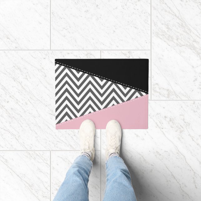 Grey Zigzag, Grey Chevron, Zigzag Pattern, Pink Doormat (Indoor)