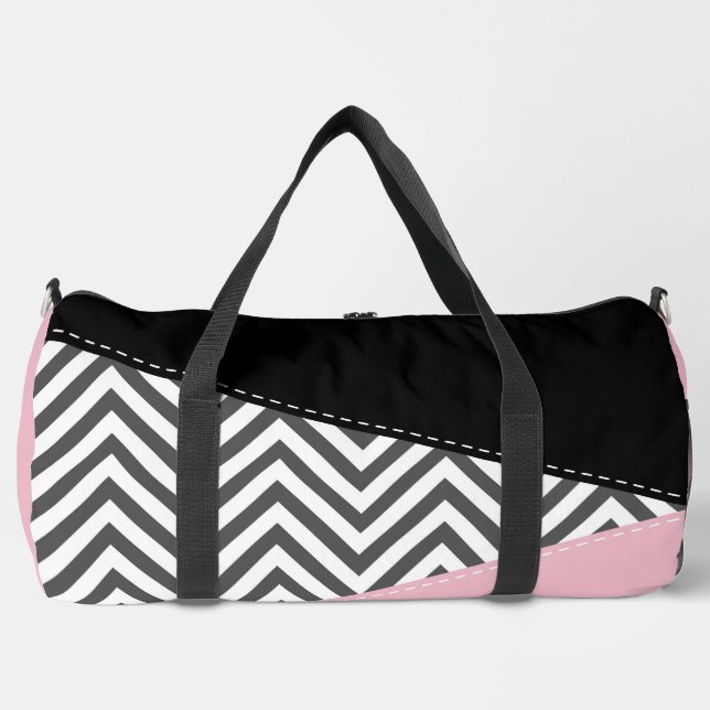 Grey Zigzag, Grey Chevron, Zigzag Pattern, Pink Duffle Bag (Front)