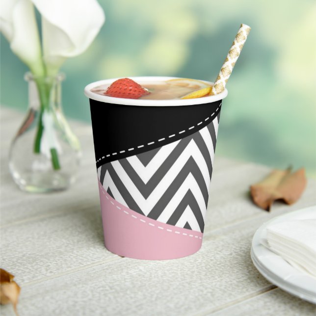 Grey Zigzag, Grey Chevron, Zigzag Pattern, Pink Paper Cups (Insitu)