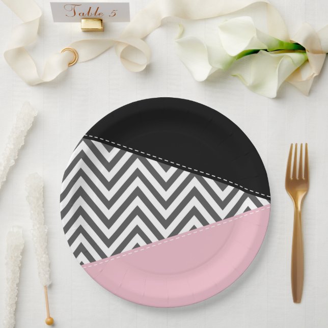 Grey Zigzag, Grey Chevron, Zigzag Pattern, Pink Paper Plate (Wedding)