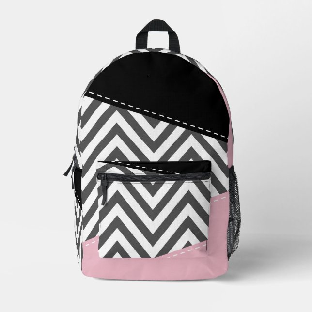 Grey Zigzag, Grey Chevron, Zigzag Pattern, Pink Printed Backpack (Front)