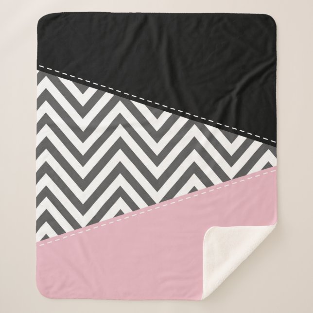 Grey Zigzag, Grey Chevron, Zigzag Pattern, Pink Sherpa Blanket (Front)