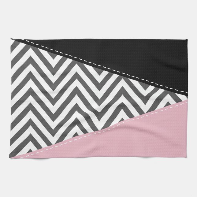 Grey Zigzag, Grey Chevron, Zigzag Pattern, Pink Tea Towel (Horizontal)