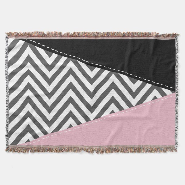 Grey Zigzag, Grey Chevron, Zigzag Pattern, Pink Throw Blanket (Front)