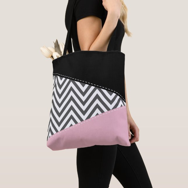 Grey Zigzag, Grey Chevron, Zigzag Pattern, Pink Tote Bag (Close Up)