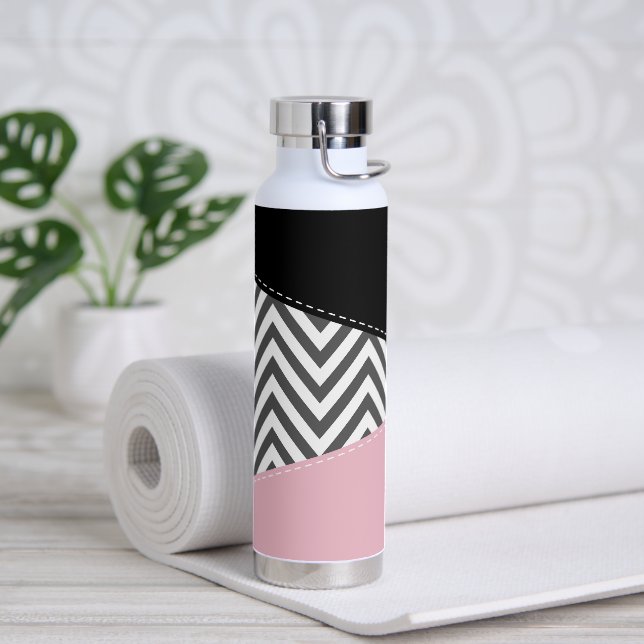 Grey Zigzag, Grey Chevron, Zigzag Pattern, Pink Water Bottle (Yoga)