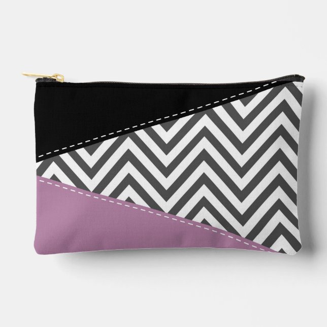 Grey Zigzag, Grey Chevron, Zigzag Pattern, Purple Accessory Pouch (Front)