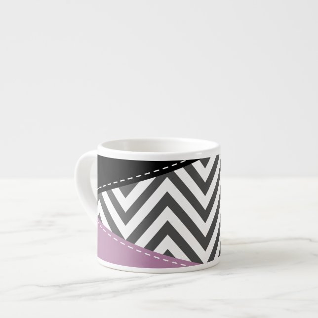 Grey Zigzag, Grey Chevron, Zigzag Pattern, Purple Espresso Cup (Front Left)