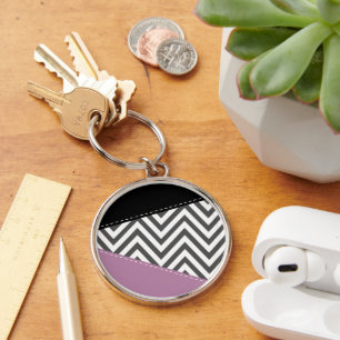 Grey Zigzag, Grey Chevron, Zigzag Pattern, Purple Key Ring