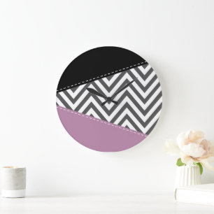 Grey Zigzag, Grey Chevron, Zigzag Pattern, Purple Large Clock