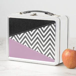 Grey Zigzag, Grey Chevron, Zigzag Pattern, Purple Metal Lunch Box