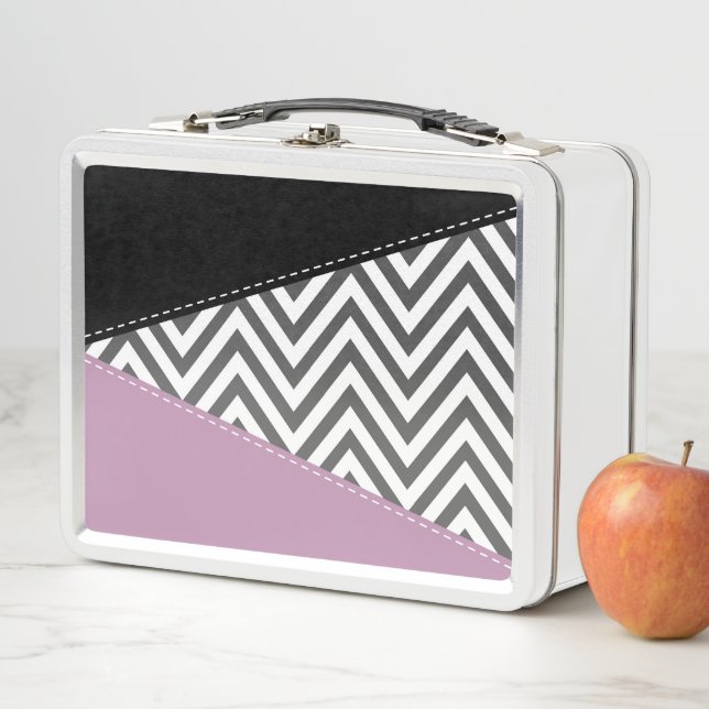 Grey Zigzag, Grey Chevron, Zigzag Pattern, Purple Metal Lunch Box (In Situ)