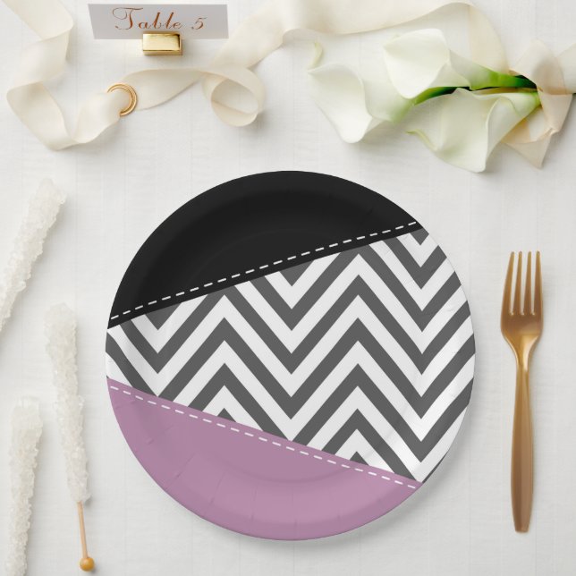 Grey Zigzag, Grey Chevron, Zigzag Pattern, Purple Paper Plate (Wedding)
