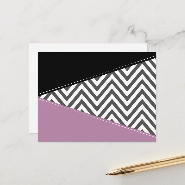 Grey Zigzag, Grey Chevron, Zigzag Pattern, Purple Postcard (Front/Back In Situ)