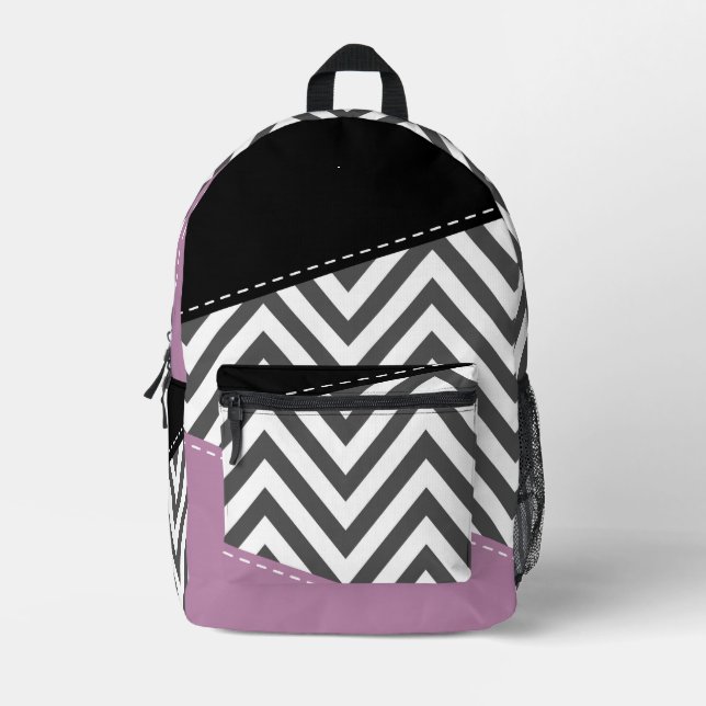 Grey Zigzag, Grey Chevron, Zigzag Pattern, Purple Printed Backpack (Front)
