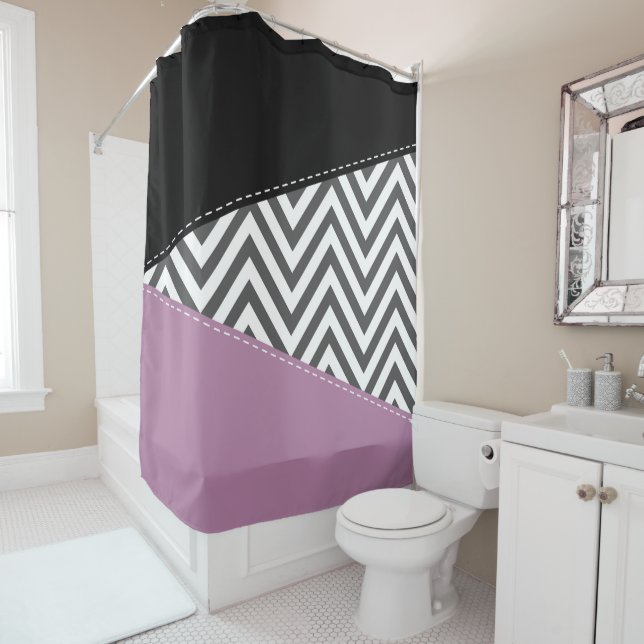 Grey Zigzag, Grey Chevron, Zigzag Pattern, Purple Shower Curtain (In Situ)