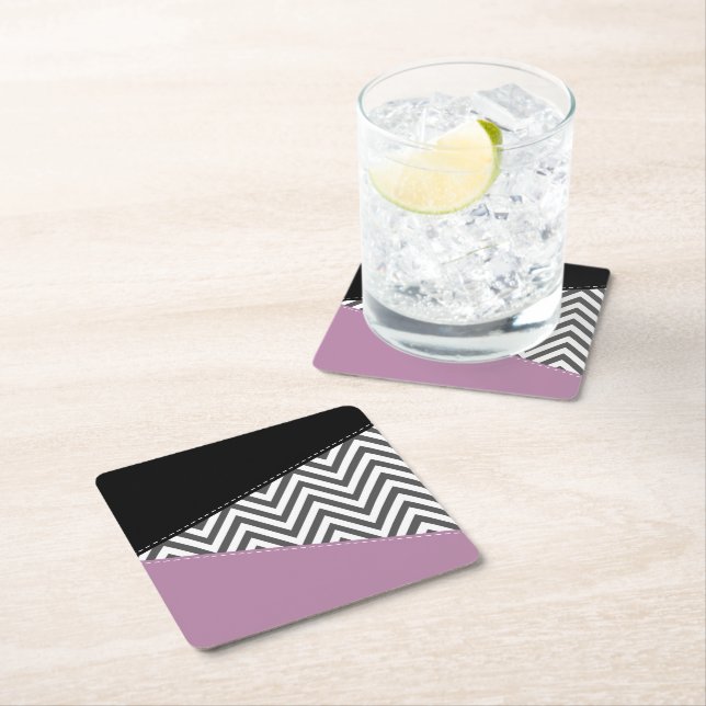 Grey Zigzag, Grey Chevron, Zigzag Pattern, Purple Square Paper Coaster (Insitu)