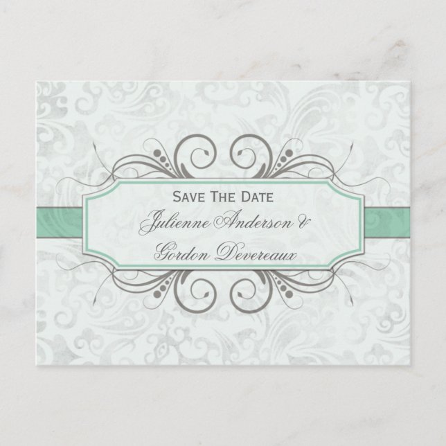 Greyed Jade and Grey Damask Save The Date Announcement Postcard (Front)