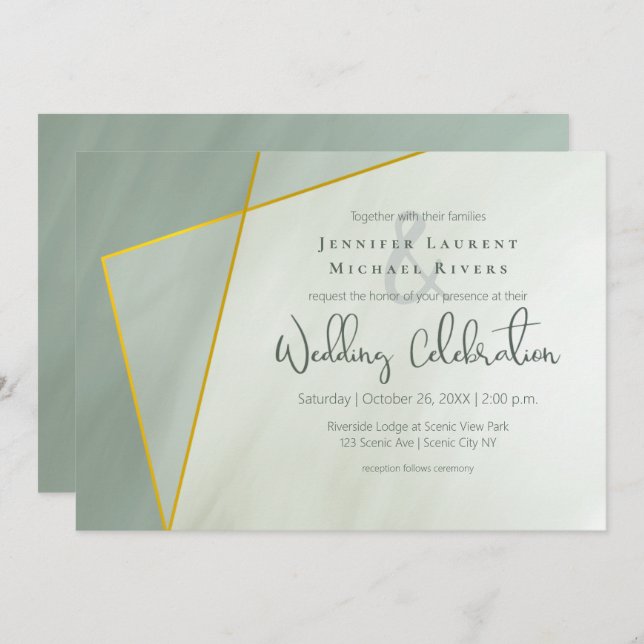 greyed jade geometric typography wedding invitation (Front/Back)