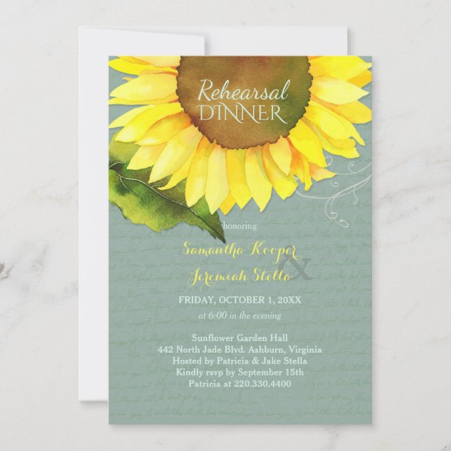 Greyed Jade Sunflower Wedding Rehearsal Dinner Invitation (Front)