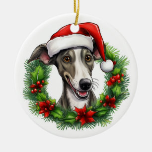 Greyhound Christmas wreath Ceramic Tree Decoration