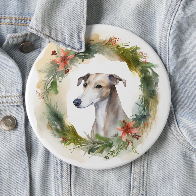 Greyhound Christmas Wreath Festive Pup  6 Cm Round Badge (In Situ)