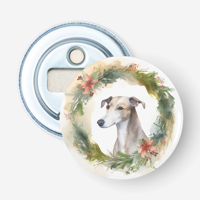 Greyhound Christmas Wreath Festive Pup  Bottle Opener (Front)