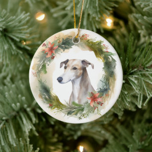 Greyhound Christmas Wreath Festive Pup  Ceramic Tree Decoration